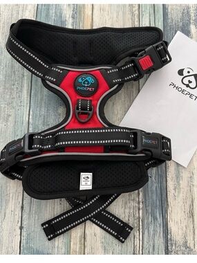 PHOEPET No Pull Dog Harness MEDIUM Adjustable Reflective Handle 2 Rings RED New